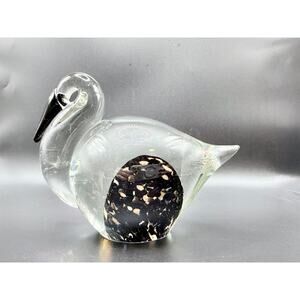Vintage Murano Style Art Glass Swan Paperweight – Clear with Black & Gold Foil